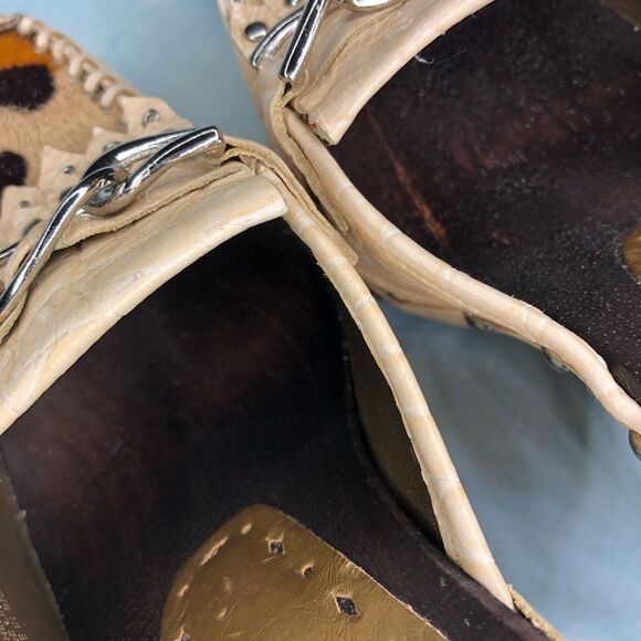 BCBGirls Western Croco Leather Heel Tan Mules Clogs Leopard Ponyhair Sz 7.5 - Picture 5 of 7